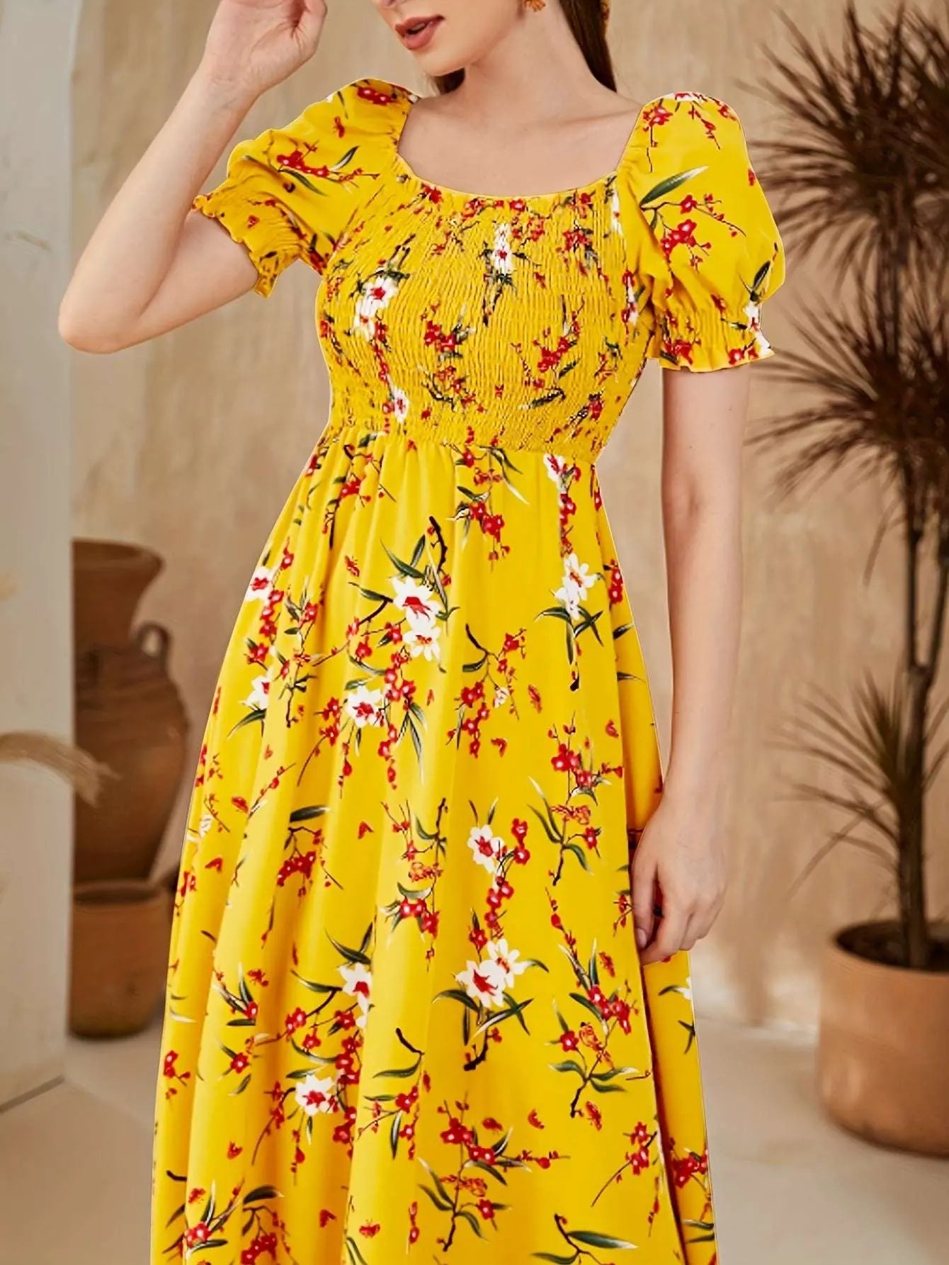 Print Square Neck Dress with Puff Sleeves - Perfect for Parties & Evening Events, Polyester, Machine Washable - Epic Store