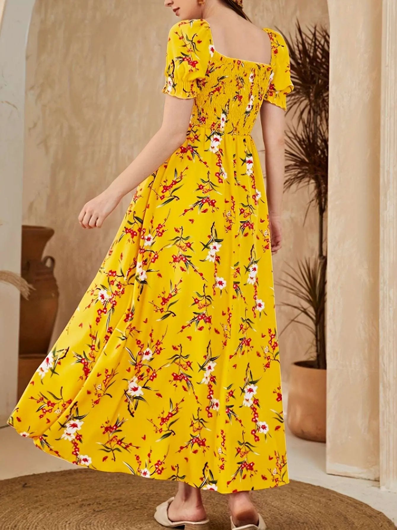 Print Square Neck Dress with Puff Sleeves - Perfect for Parties & Evening Events, Polyester, Machine Washable - Epic Store