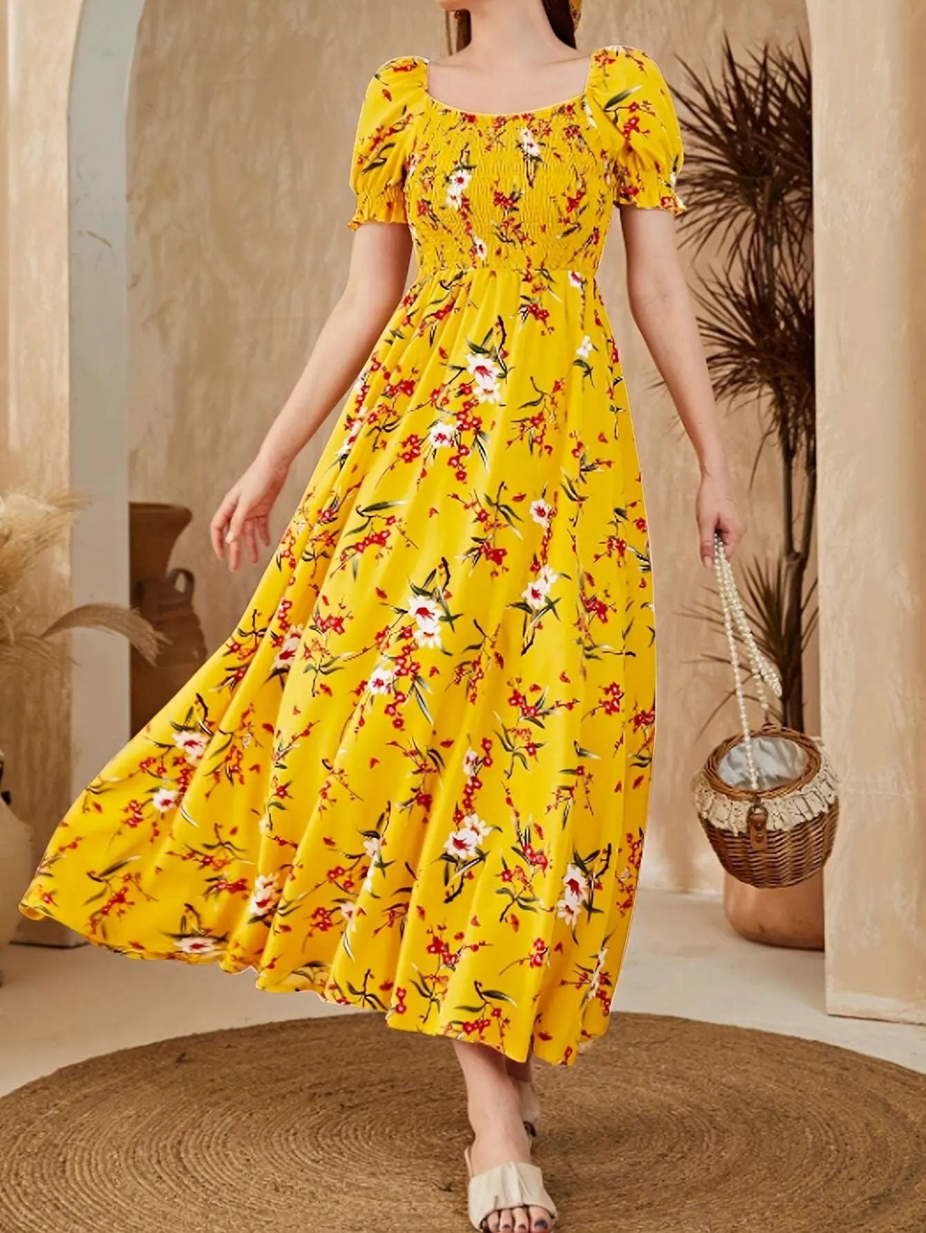 Print Square Neck Dress with Puff Sleeves - Perfect for Parties & Evening Events, Polyester, Machine Washable - Epic Store
