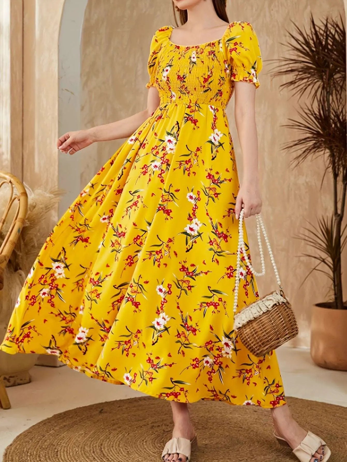 Print Square Neck Dress with Puff Sleeves - Perfect for Parties & Evening Events, Polyester, Machine Washable - Epic Store