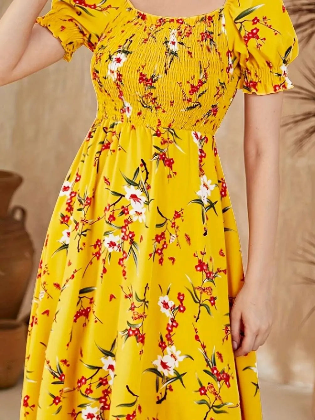 Print Square Neck Dress with Puff Sleeves - Perfect for Parties & Evening Events, Polyester, Machine Washable - Epic Store