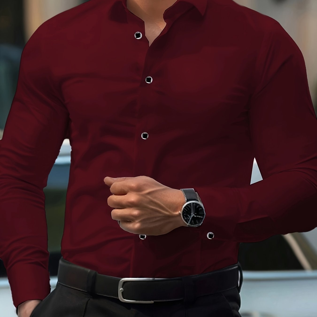 Men'S Elegant Black Long Sleeve Button-Up Shirt with Geometric Pattern - Slim Fit, Lightweight Polyester Fabric, Perfect for Casual or Dressy Occasions, Versatile Shirt | Sophisticated Style | Smooth Texture - Epic Store