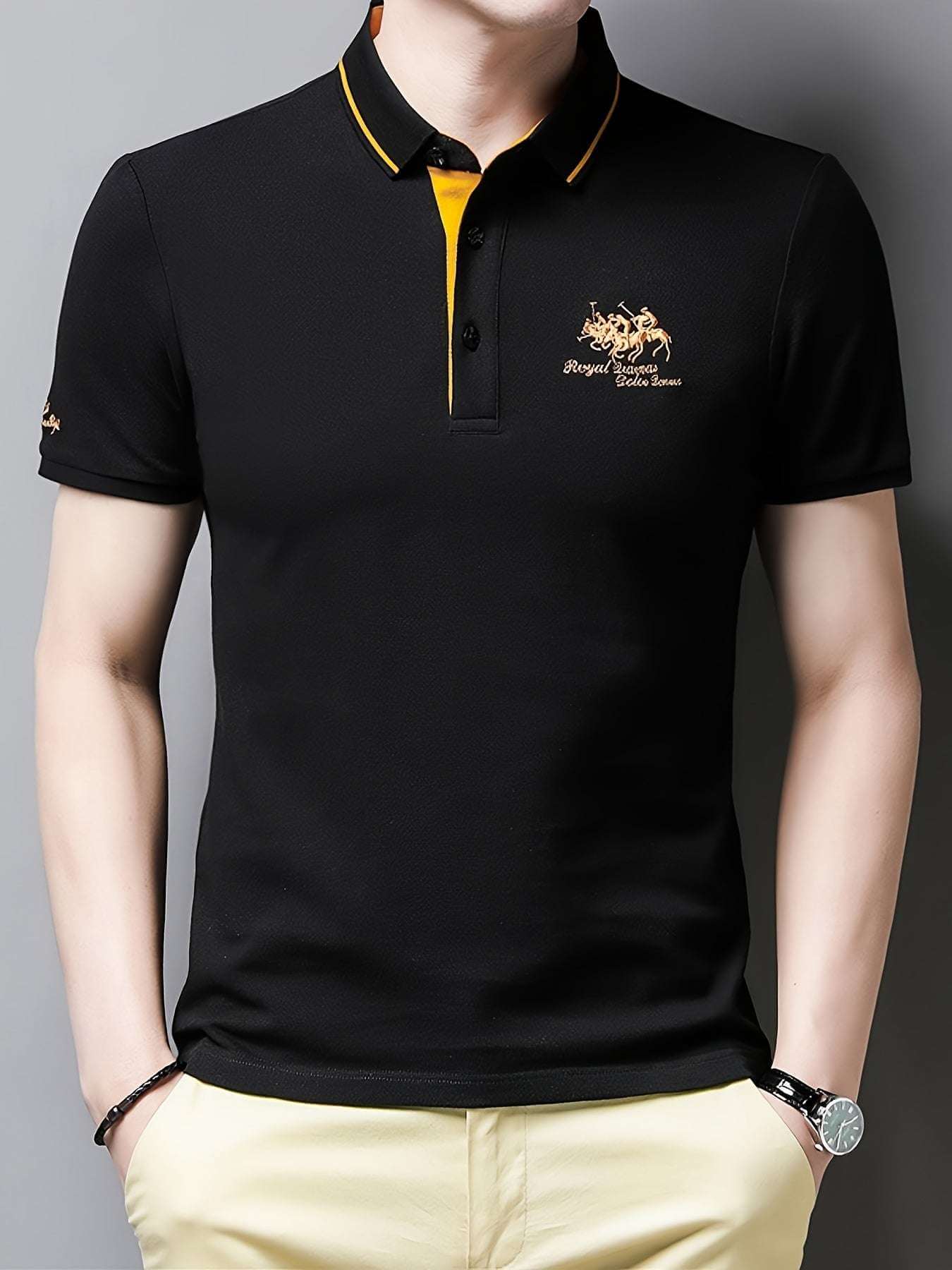 Men'S Casual Short Sleeve Polo Shirt - White with Black Collar, Breathable Mesh Detail, Logo, Lightweight Polyester, Summer Fashion, Casual Summer Wear | Polo Shirt | Polyester Fabric - Epic Store
