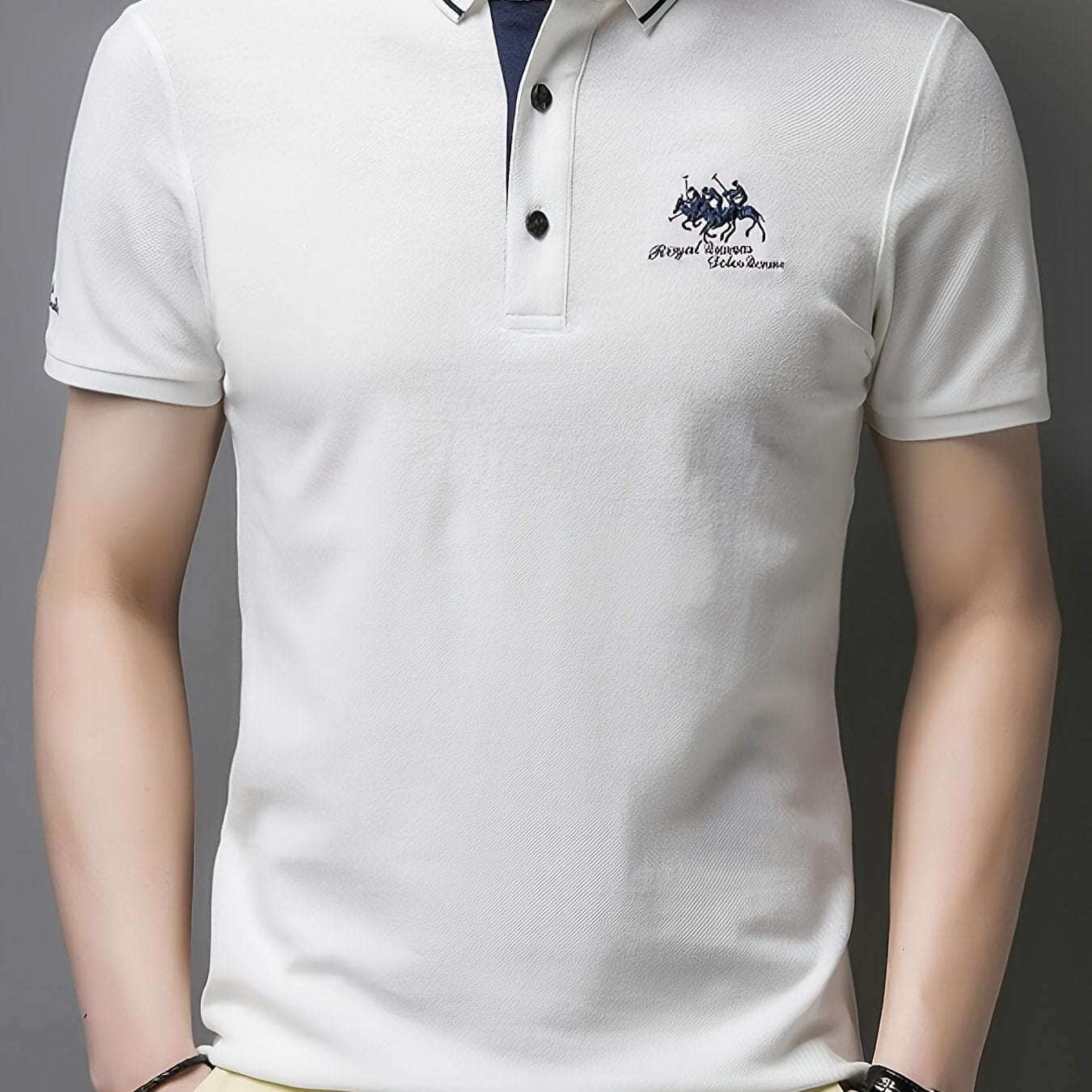 Men'S Casual Short Sleeve Polo Shirt - White with Black Collar, Breathable Mesh Detail, Logo, Lightweight Polyester, Summer Fashion, Casual Summer Wear | Polo Shirt | Polyester Fabric - Epic Store