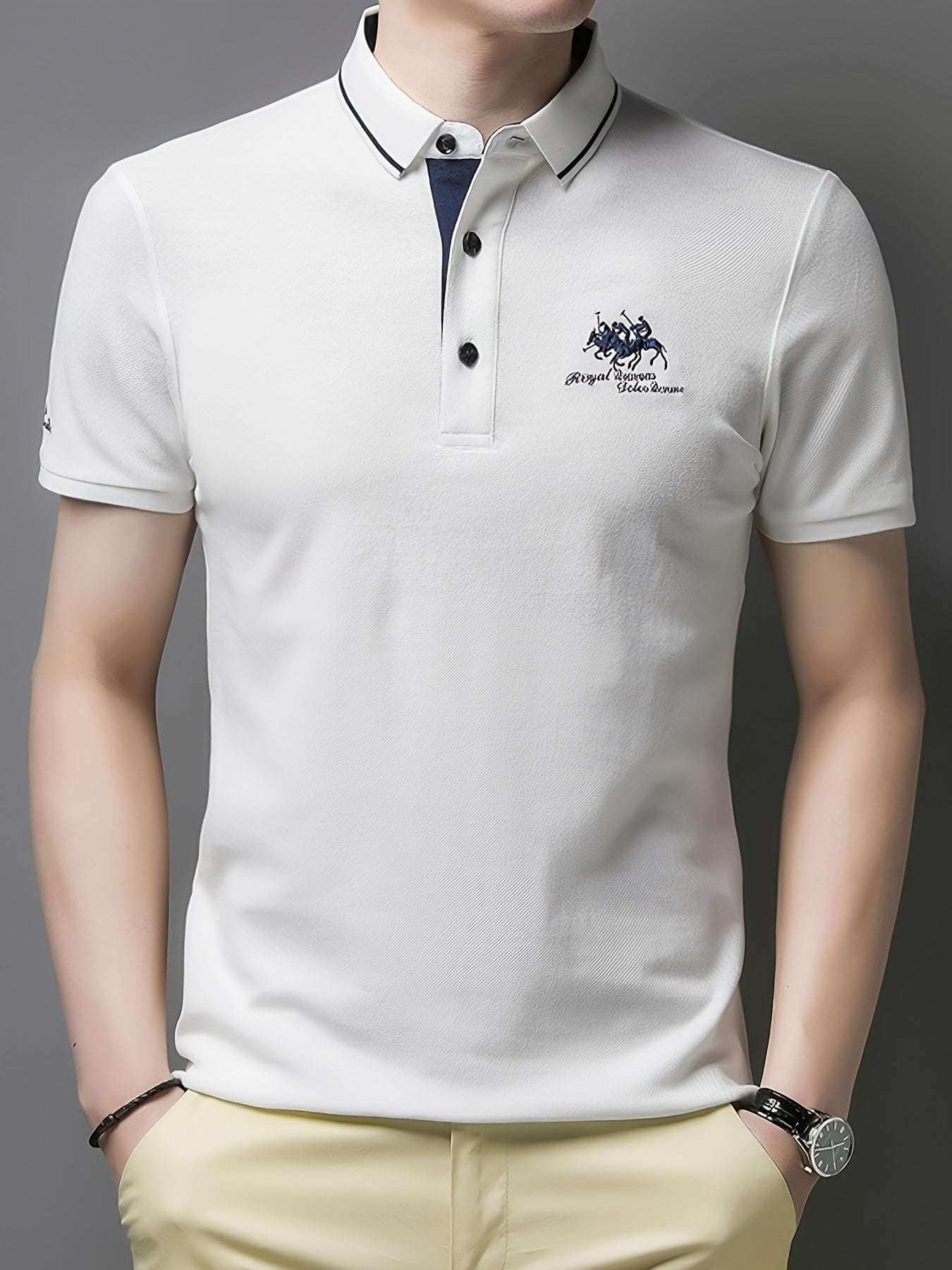 Men'S Casual Short Sleeve Polo Shirt - White with Black Collar, Breathable Mesh Detail, Logo, Lightweight Polyester, Summer Fashion, Casual Summer Wear | Polo Shirt | Polyester Fabric - Epic Store
