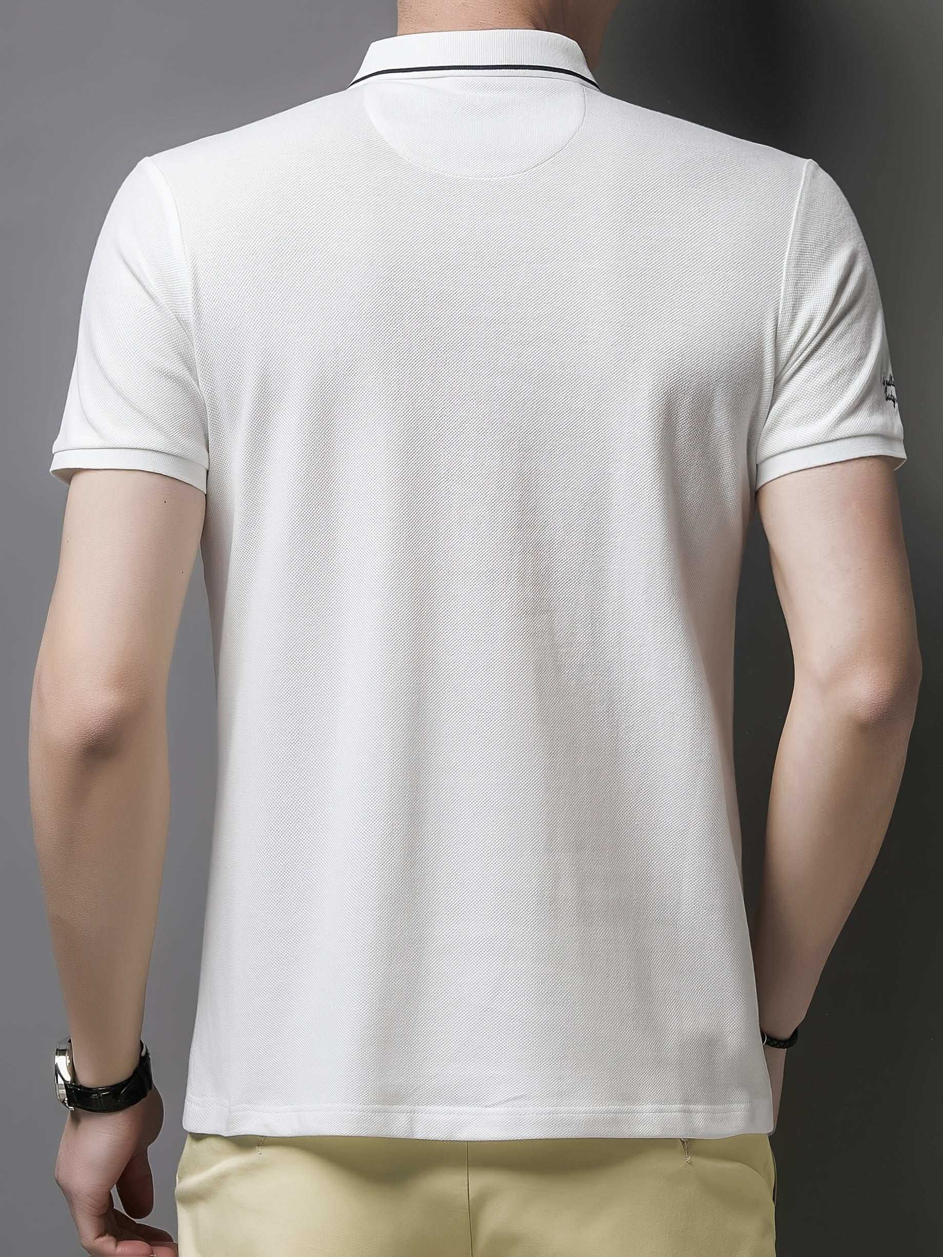 Men'S Casual Short Sleeve Polo Shirt - White with Black Collar, Breathable Mesh Detail, Logo, Lightweight Polyester, Summer Fashion, Casual Summer Wear | Polo Shirt | Polyester Fabric - Epic Store
