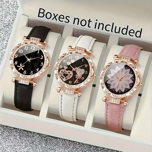 [Best Choice] 3pcs Casual Elegant Women's Quartz Watch kit - Sparkling Rhinestone Heart Dial, Soft Faux Belt, Stylish Casual Accessories for Gifts to Girlfriend, Mom - Epic Store
