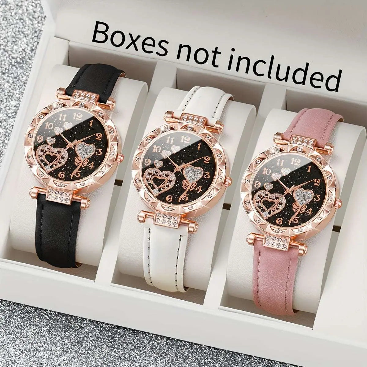 [Best Choice] 3pcs Casual Elegant Women's Quartz Watch kit - Sparkling Rhinestone Heart Dial, Soft Faux Belt, Stylish Casual Accessories for Gifts to Girlfriend, Mom - Epic Store