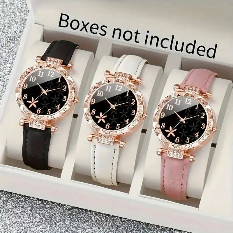 [Best Choice] 3pcs Casual Elegant Women's Quartz Watch kit - Sparkling Rhinestone Heart Dial, Soft Faux Belt, Stylish Casual Accessories for Gifts to Girlfriend, Mom - Epic Store