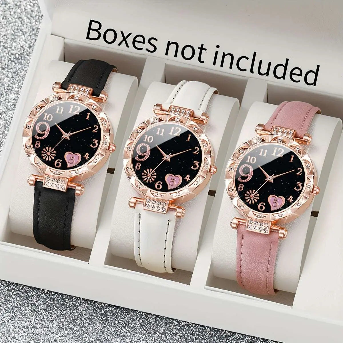 [Best Choice] 3pcs Casual Elegant Women's Quartz Watch kit - Sparkling Rhinestone Heart Dial, Soft Faux Belt, Stylish Casual Accessories for Gifts to Girlfriend, Mom - Epic Store
