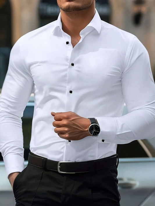 Men'S Elegant Black Long Sleeve Button-Up Shirt with Geometric Pattern - Slim Fit, Lightweight Polyester Fabric, Perfect for Casual or Dressy Occasions, Versatile Shirt | Sophisticated Style | Smooth Texture - Epic Store