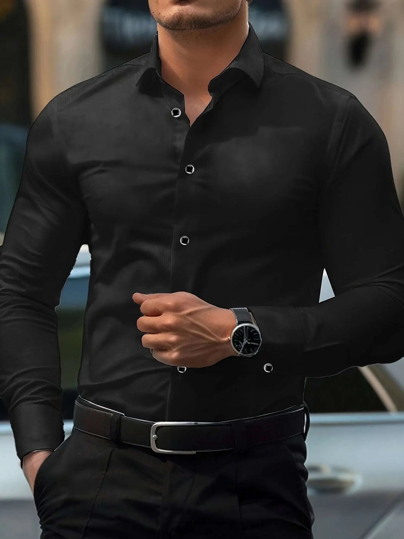 Men'S Elegant Black Long Sleeve Button-Up Shirt with Geometric Pattern - Slim Fit, Lightweight Polyester Fabric, Perfect for Casual or Dressy Occasions, Versatile Shirt | Sophisticated Style | Smooth Texture - Epic Store
