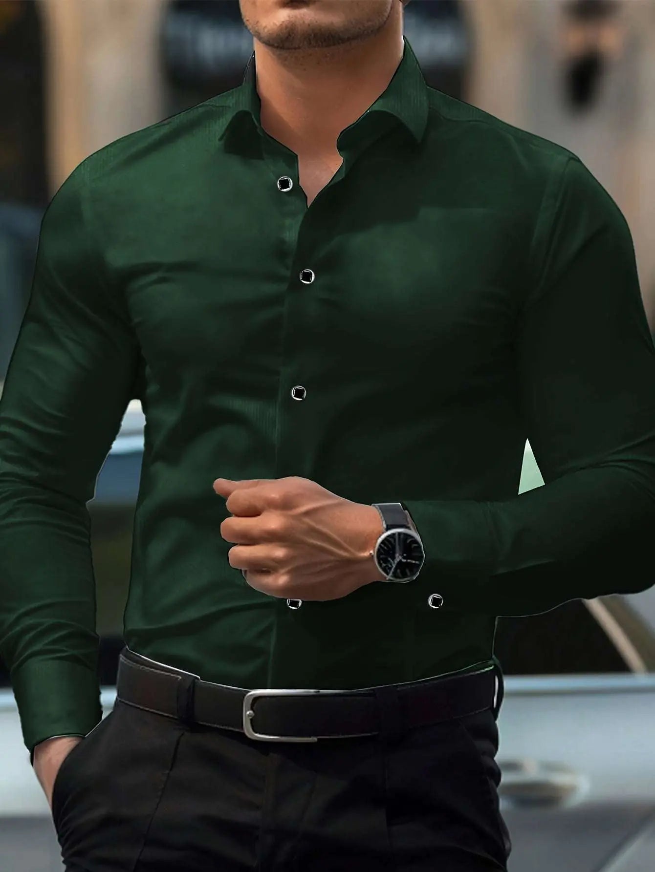 Men'S Elegant Black Long Sleeve Button-Up Shirt with Geometric Pattern - Slim Fit, Lightweight Polyester Fabric, Perfect for Casual or Dressy Occasions, Versatile Shirt | Sophisticated Style | Smooth Texture - Epic Store