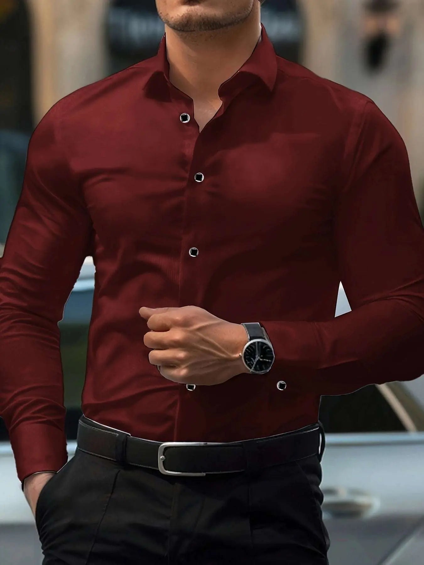 Men'S Elegant Black Long Sleeve Button-Up Shirt with Geometric Pattern - Slim Fit, Lightweight Polyester Fabric, Perfect for Casual or Dressy Occasions, Versatile Shirt | Sophisticated Style | Smooth Texture - Epic Store