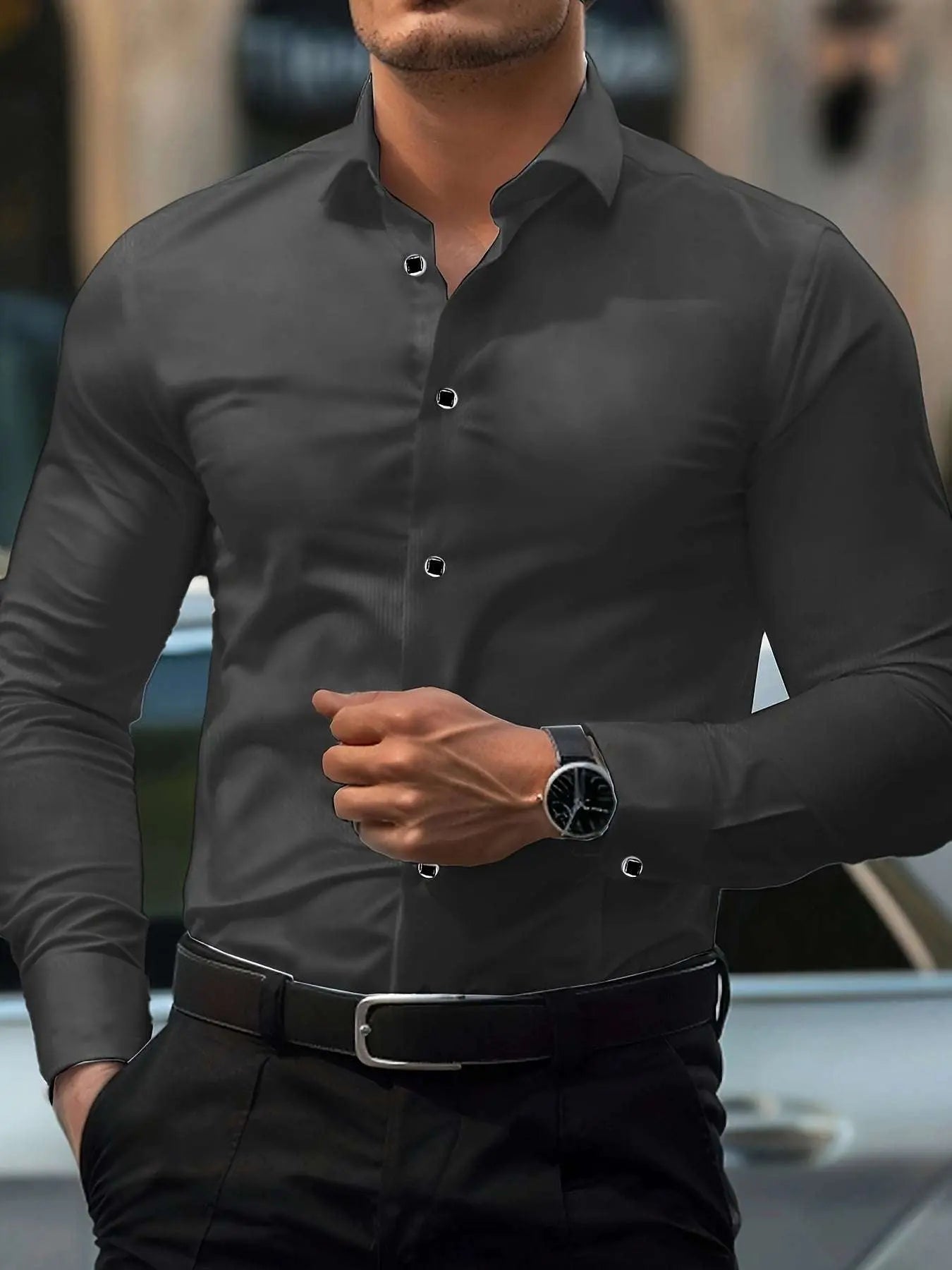 Men'S Elegant Black Long Sleeve Button-Up Shirt with Geometric Pattern - Slim Fit, Lightweight Polyester Fabric, Perfect for Casual or Dressy Occasions, Versatile Shirt | Sophisticated Style | Smooth Texture - Epic Store