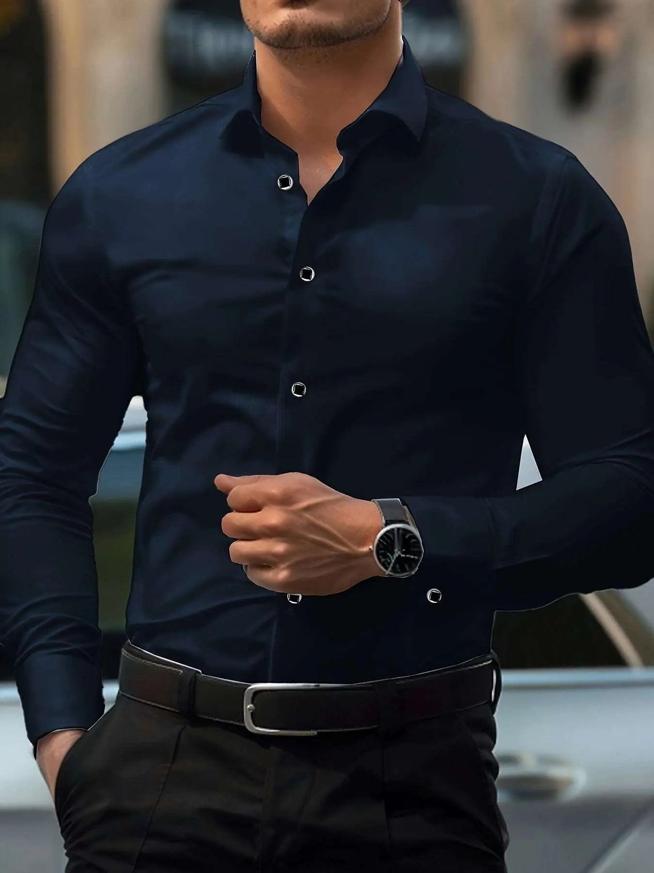 Men'S Elegant Black Long Sleeve Button-Up Shirt with Geometric Pattern - Slim Fit, Lightweight Polyester Fabric, Perfect for Casual or Dressy Occasions, Versatile Shirt | Sophisticated Style | Smooth Texture - Epic Store