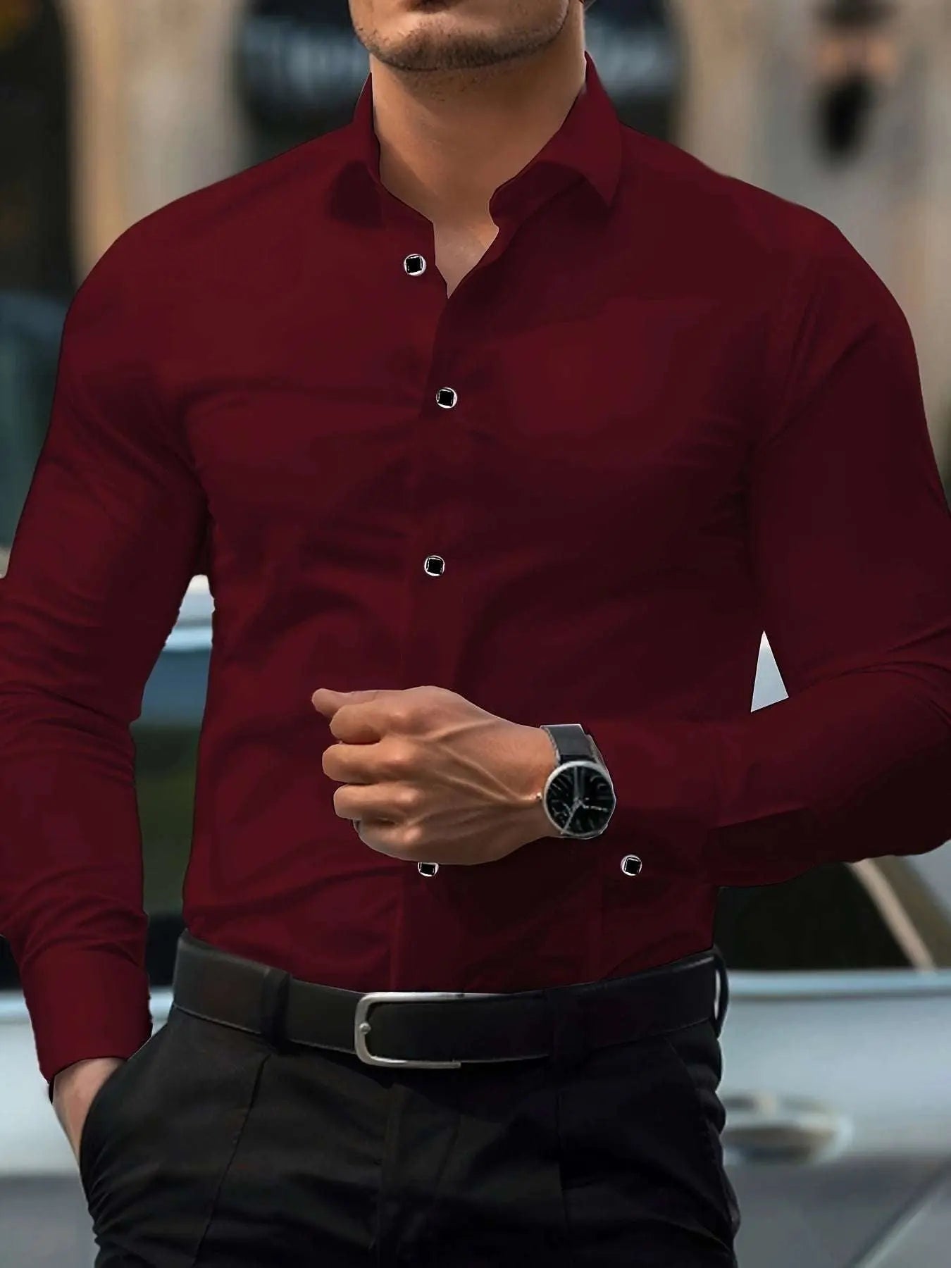 Men'S Elegant Black Long Sleeve Button-Up Shirt with Geometric Pattern - Slim Fit, Lightweight Polyester Fabric, Perfect for Casual or Dressy Occasions, Versatile Shirt | Sophisticated Style | Smooth Texture - Epic Store