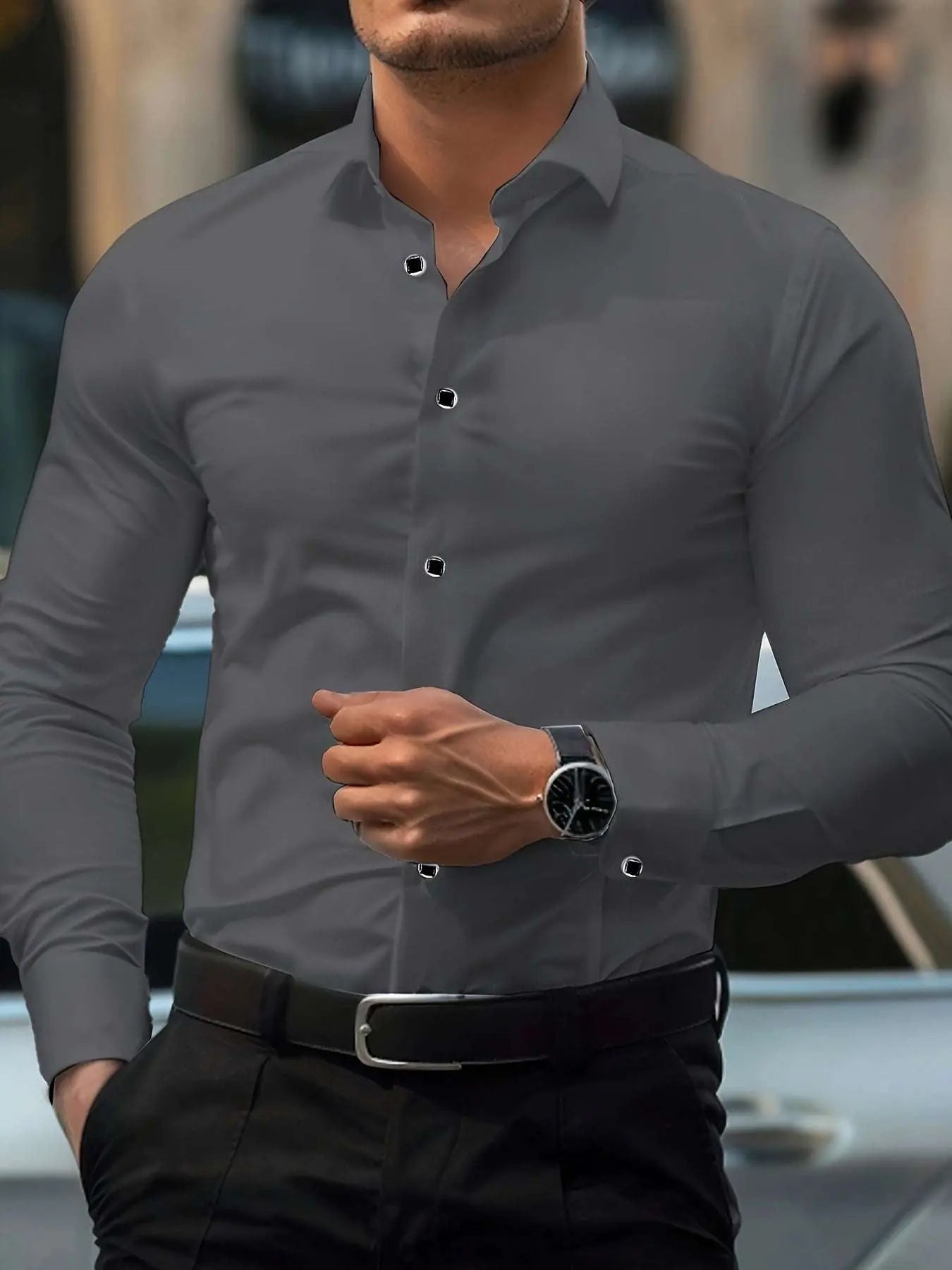 Men'S Elegant Black Long Sleeve Button-Up Shirt with Geometric Pattern - Slim Fit, Lightweight Polyester Fabric, Perfect for Casual or Dressy Occasions, Versatile Shirt | Sophisticated Style | Smooth Texture - Epic Store