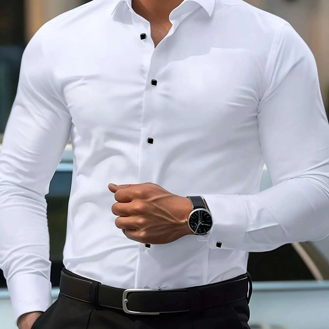 Men'S Elegant Black Long Sleeve Button-Up Shirt with Geometric Pattern - Slim Fit, Lightweight Polyester Fabric, Perfect for Casual or Dressy Occasions, Versatile Shirt | Sophisticated Style | Smooth Texture - Epic Store