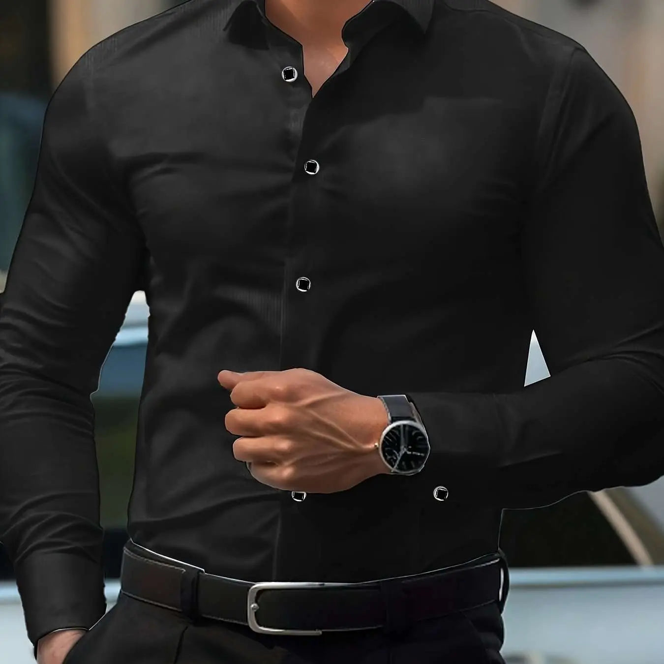Men'S Elegant Black Long Sleeve Button-Up Shirt with Geometric Pattern - Slim Fit, Lightweight Polyester Fabric, Perfect for Casual or Dressy Occasions, Versatile Shirt | Sophisticated Style | Smooth Texture - Epic Store