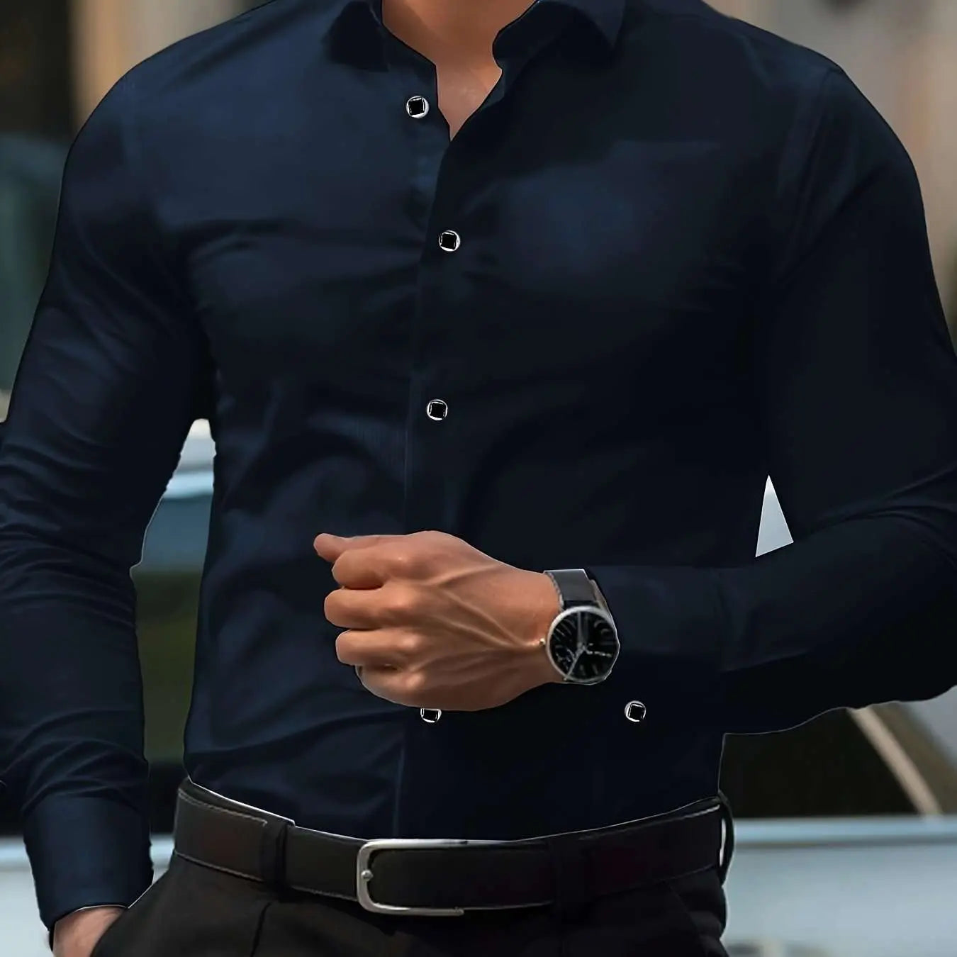 Men'S Elegant Black Long Sleeve Button-Up Shirt with Geometric Pattern - Slim Fit, Lightweight Polyester Fabric, Perfect for Casual or Dressy Occasions, Versatile Shirt | Sophisticated Style | Smooth Texture - Epic Store