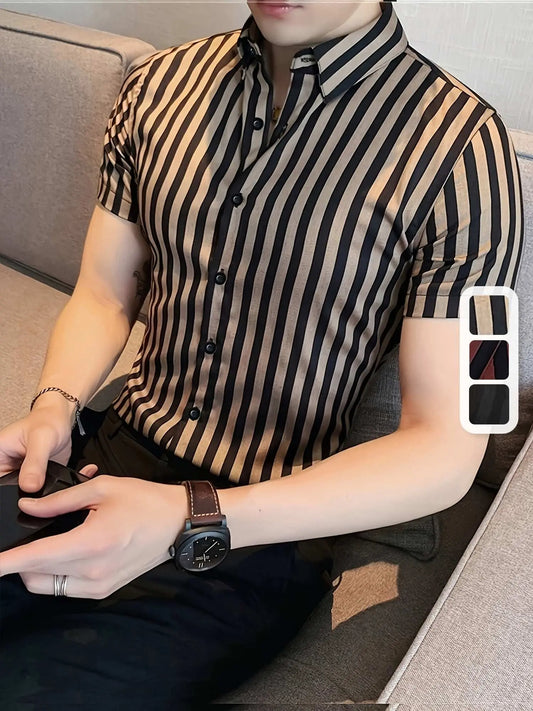 Men'S Summer Striped Business Shirt, Short Sleeve Button, Regular Fit, 95% Polyester 5% Elastane, Woven Fabric, Slight Stretch, Work Style, Lapel Collar, 119gsm - Casual Workwear - Epic Store