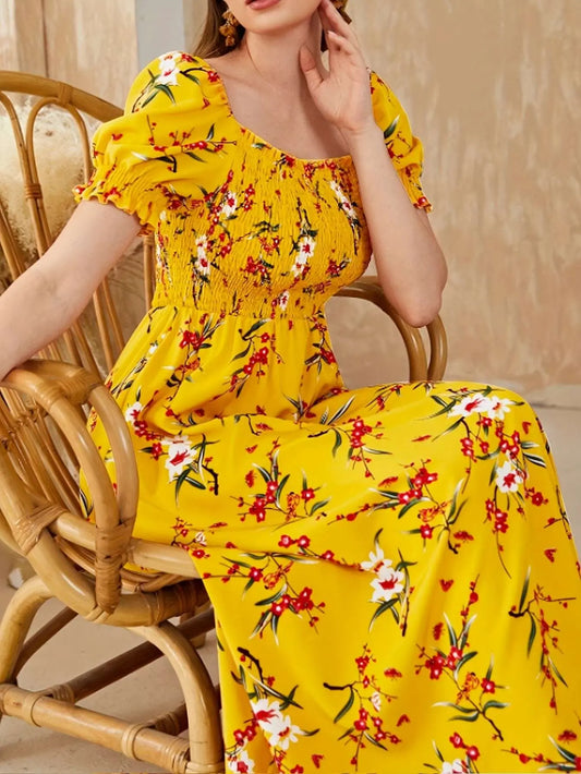 Print Square Neck Dress with Puff Sleeves - Perfect for Parties & Evening Events, Polyester, Machine Washable - Epic Store