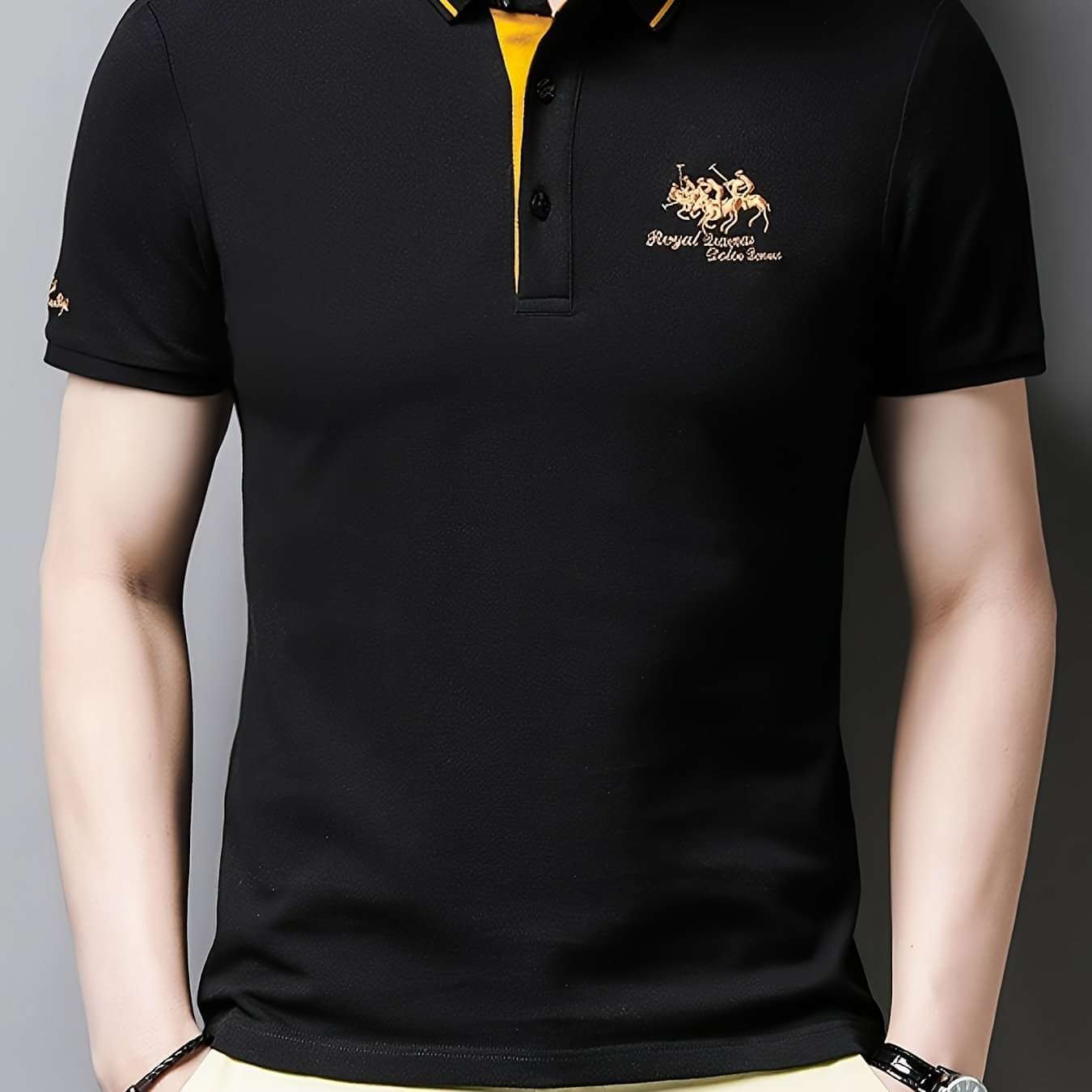 Men'S Casual Short Sleeve Polo Shirt - White with Black Collar, Breathable Mesh Detail, Logo, Lightweight Polyester, Summer Fashion, Casual Summer Wear | Polo Shirt | Polyester Fabric - Epic Store